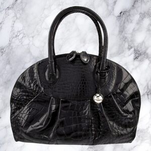 Furla Blk Leather Croc Embossed Dome Satchel Bag